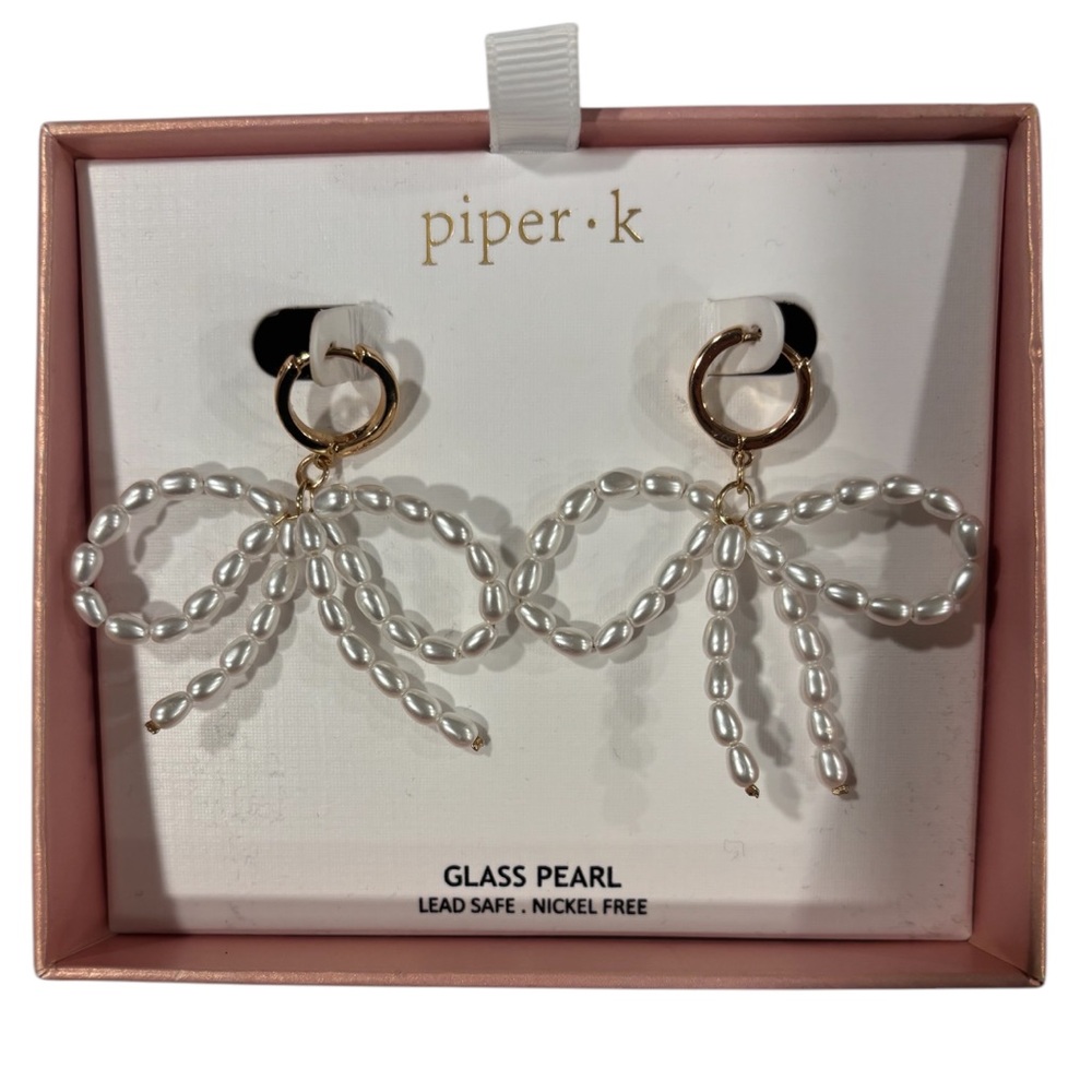 Piper K Gold Tone Glass Pearl Bow Earrings Drop Small Hoop  Y2K Trendy Soft Girl